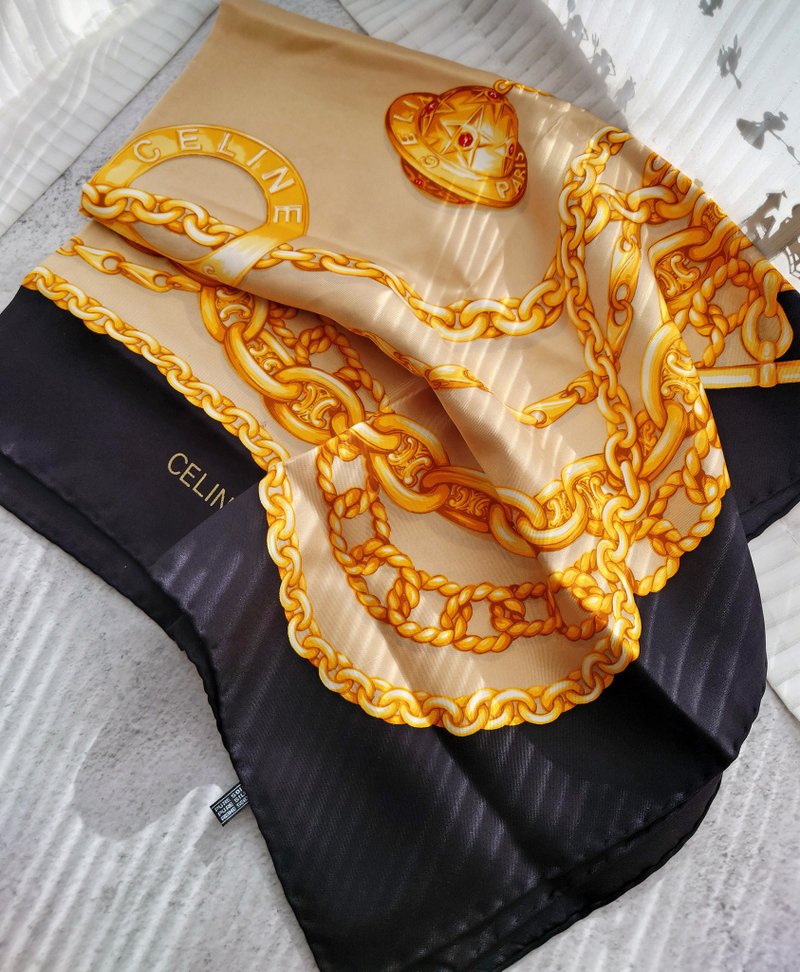 中古品 CELINE 星球凯旋门链条丝巾颈巾围巾领巾围脖披肩盖毯毛毯 - 围巾/披肩 - 绣线 金色