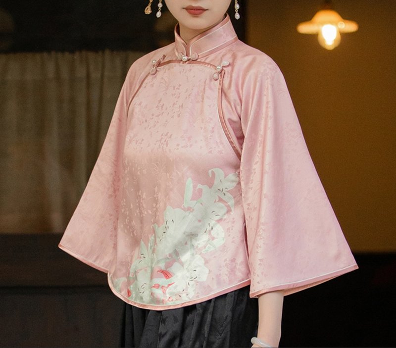 【糖衣百合】 新中式復古/古法倒大袖旗袍上衣 - 女装上衣 - 聚酯纤维 粉红色