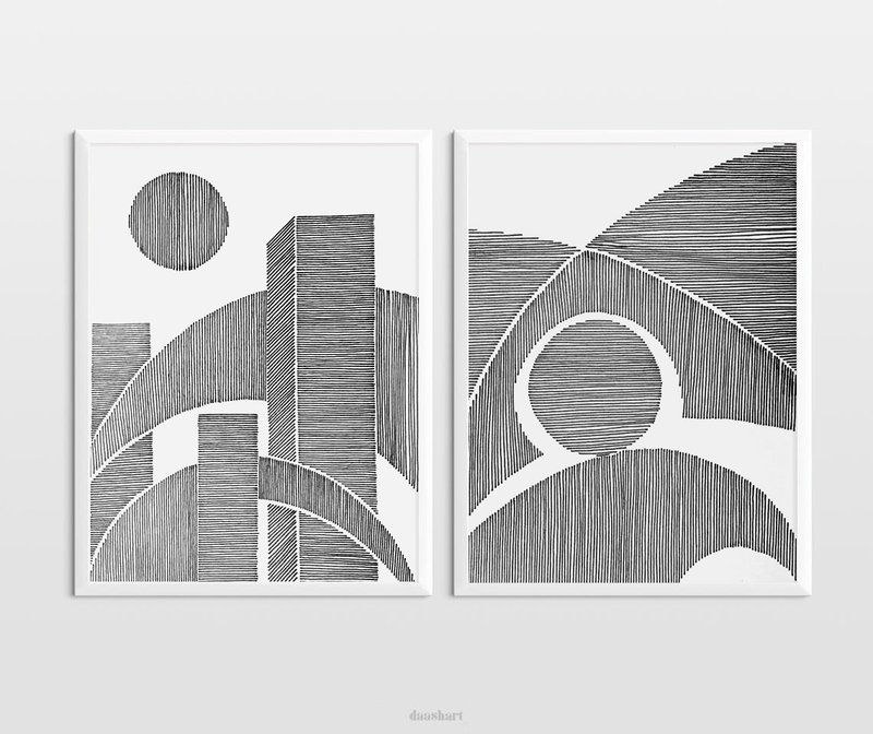 2 套原始线条画艺术品抽象黑色城市景观造型墙艺术 - 海报/装饰画/版画 - 纸 黑色