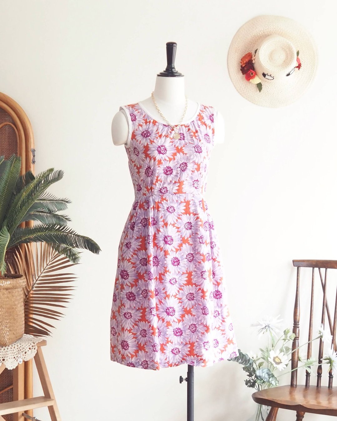 VINTAGE dress, sunflower pattern in pink tone, size L - 洋装/连衣裙 - 棉．麻 粉红色