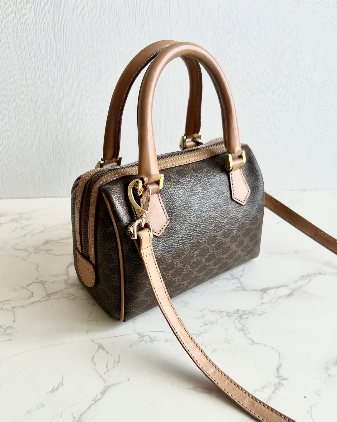中古包 Celine 迷你老花波士顿小包 斜背包 侧背包 单肩包 二手包 - 侧背包/斜挎包 - 真皮 咖啡色
