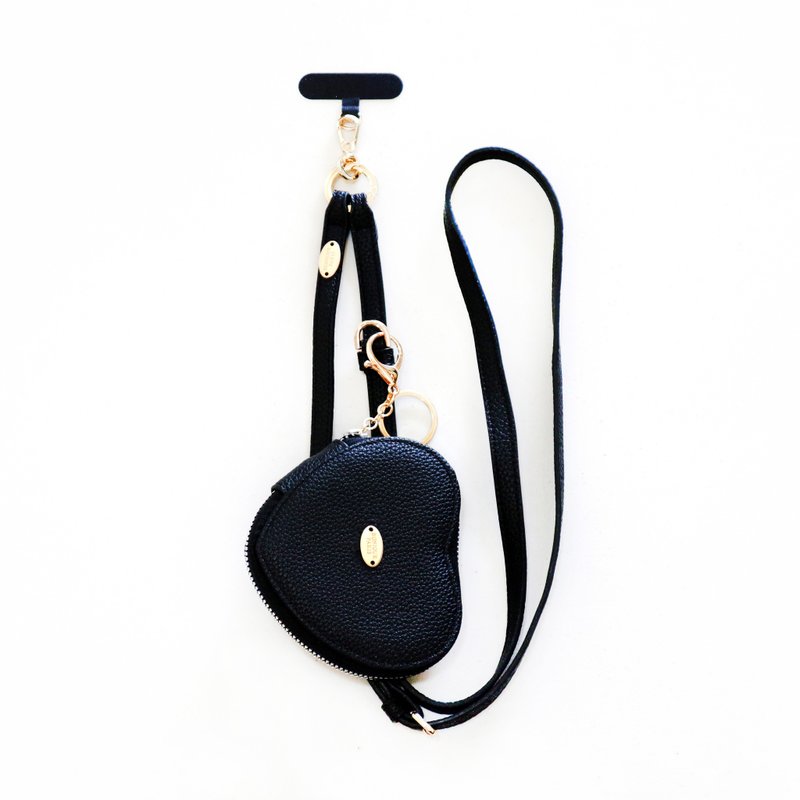 日本新品-L'AUTOMNE法式玛黑皮革可调节背带(附挂片+心型钱包) - 挂绳/吊绳 - 聚酯纤维 黑色