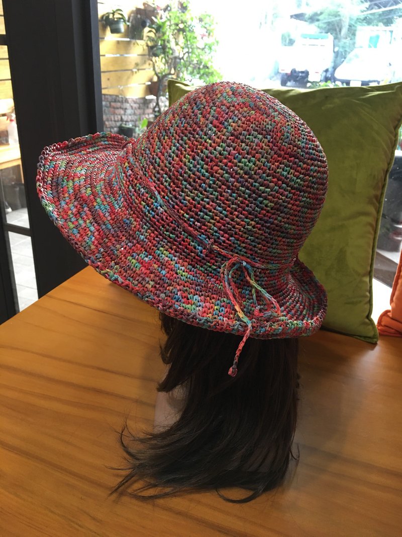 轻质遮阳绑带帽。花色草帽/海滩帽/纸线帽/登山大帽沿帽 - 帽子 - 纸 