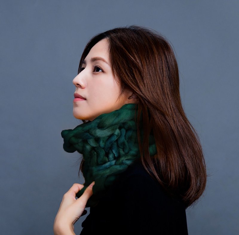 【盲藤手作-川】粗线100%纯羊毛编织围脖/苍翠 - 围巾/披肩 - 羊毛 绿色