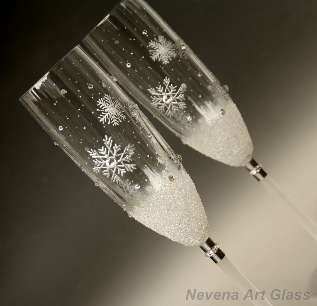 冬日婚礼香槟笛杯，雪花造型，手绘一组两入 - 酒杯/酒器 - 玻璃 银色