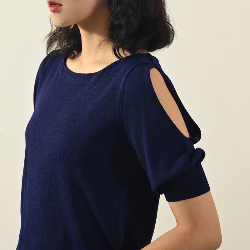 【NaSuBi Vintage】镂空设计轻薄针织古着上衣 - 女装针织衫/毛衣 - 其他人造纤维 蓝色