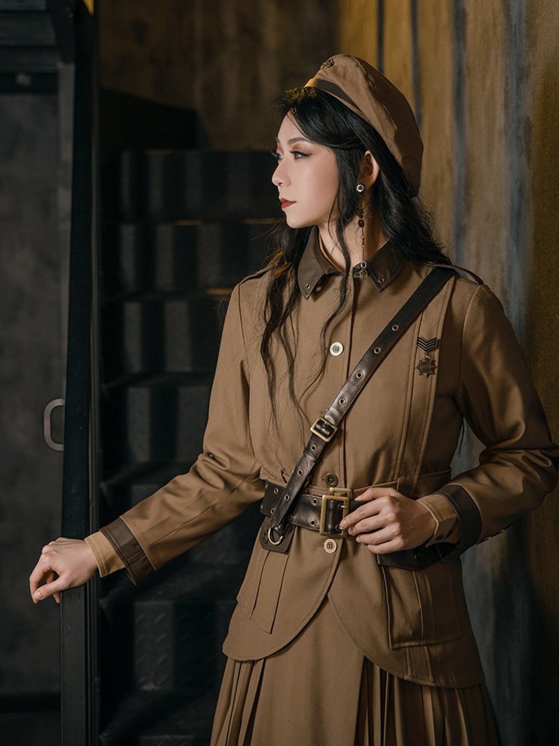 蒸汽朋克 单排扣 长袖修身 纽扣 卡其色 中长女款西服 外套制服 - 女装西装外套/风衣 - 其他人造纤维 卡其色