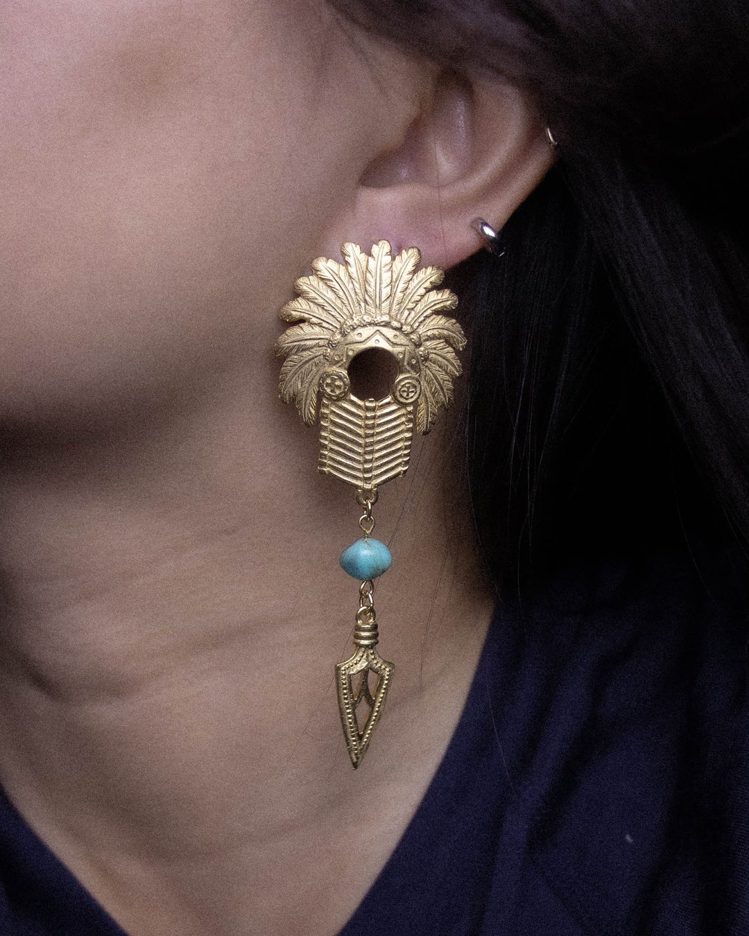 美国Jonette Jewelry品牌古董 印地安头饰造型仿土耳其石耳针耳环 - 耳环/耳夹 - 其他金属 金色