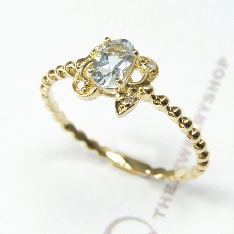 14K黄金 旦形天青晶石配钻石戒指 - 三月生日石 - 包邮 - 戒指 - 宝石 透明