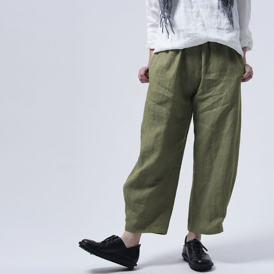 wafu [Linen pants] Ankle-length ball pants / willow dye b014p-ygz2 - 女装长裤 - 棉．麻 绿色