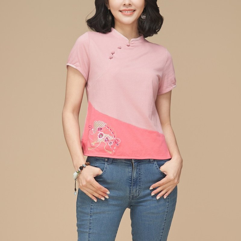 古典美 立领配色显瘦T桖【53001】 - 女装 T 恤 - 棉．麻 粉红色