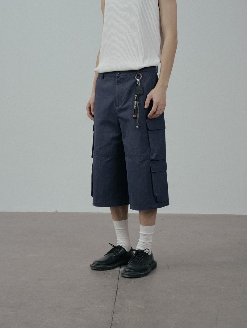 复古藏青色 多口袋直筒七分裤 - 男士短裤 - 其他材质 蓝色