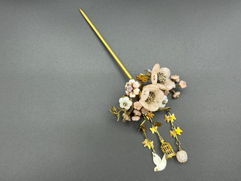 穿花飞鸟  玉石花发簪 - 发饰 - 铜/黄铜 粉红色