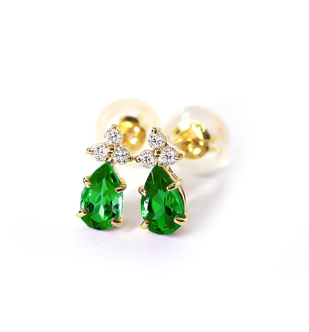 K10 Tsavorite (绿色石榴石) & 钻石 针式耳环 ~Ello Lilas~ 一月诞生石 (可更改为 K18) - 耳环/耳夹 - 宝石 绿色