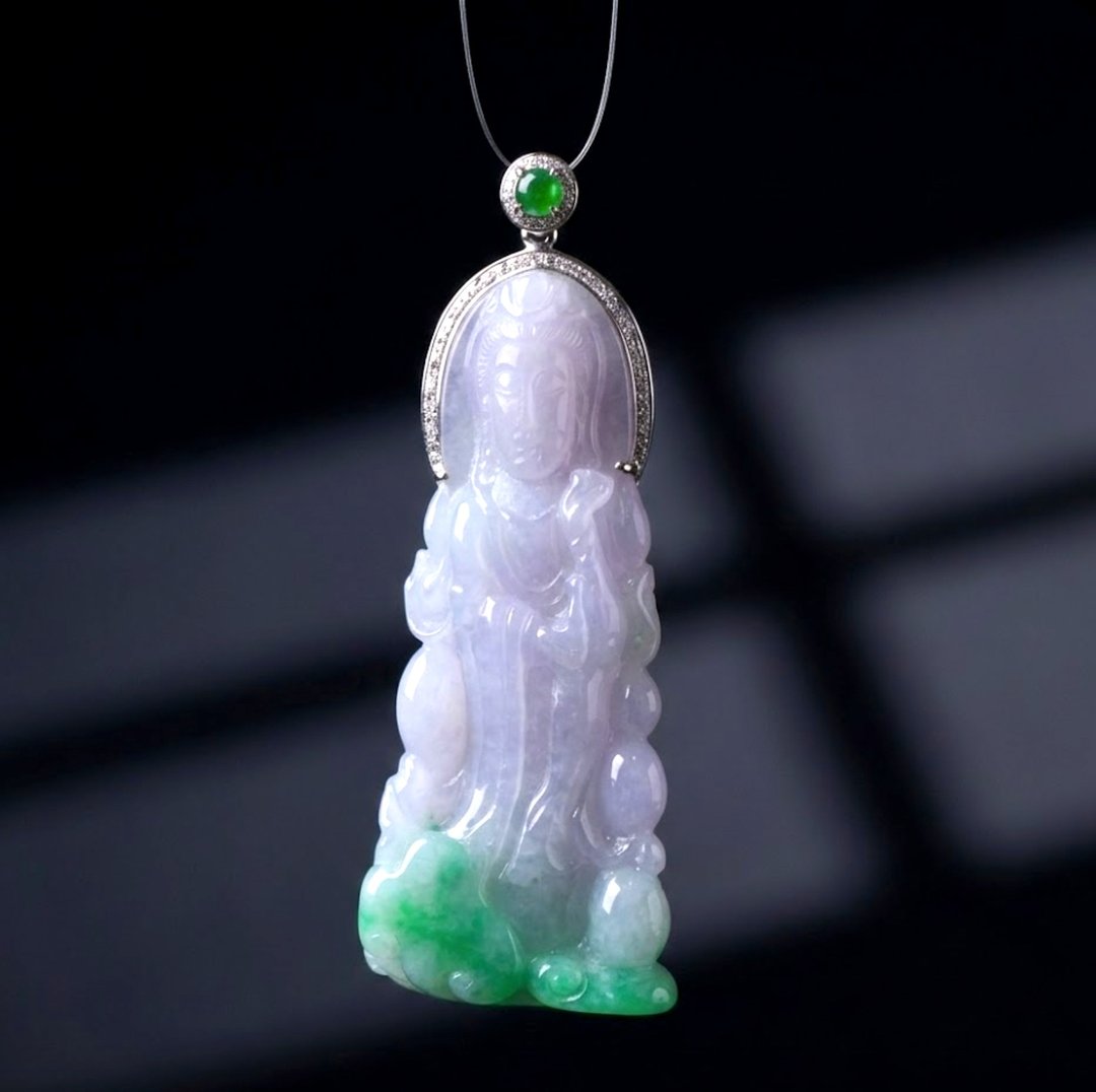 春带彩宝瓶观音菩萨项链 18K 金钻石 | 天然缅甸玉翡翠 A 货 | 送礼 - 项链 - 玉石 多色