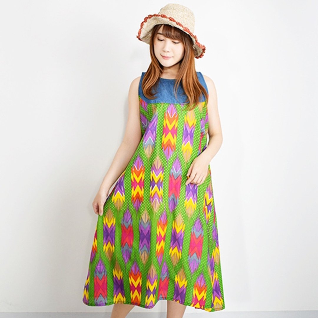Ethnic pattern denim separate sleeveless dress - 洋装/连衣裙 - 棉 绿色