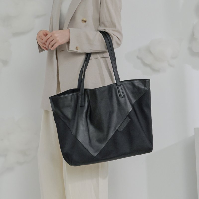 角状皮质切割-手提托特包-黑色 - 手提包/手提袋 - 真皮 黑色