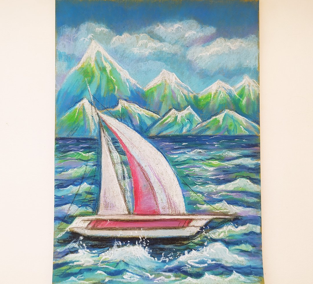 White sailboat at sea oil pastel original work animal original painting art - 墙贴/壁贴 - 其他材质 蓝色