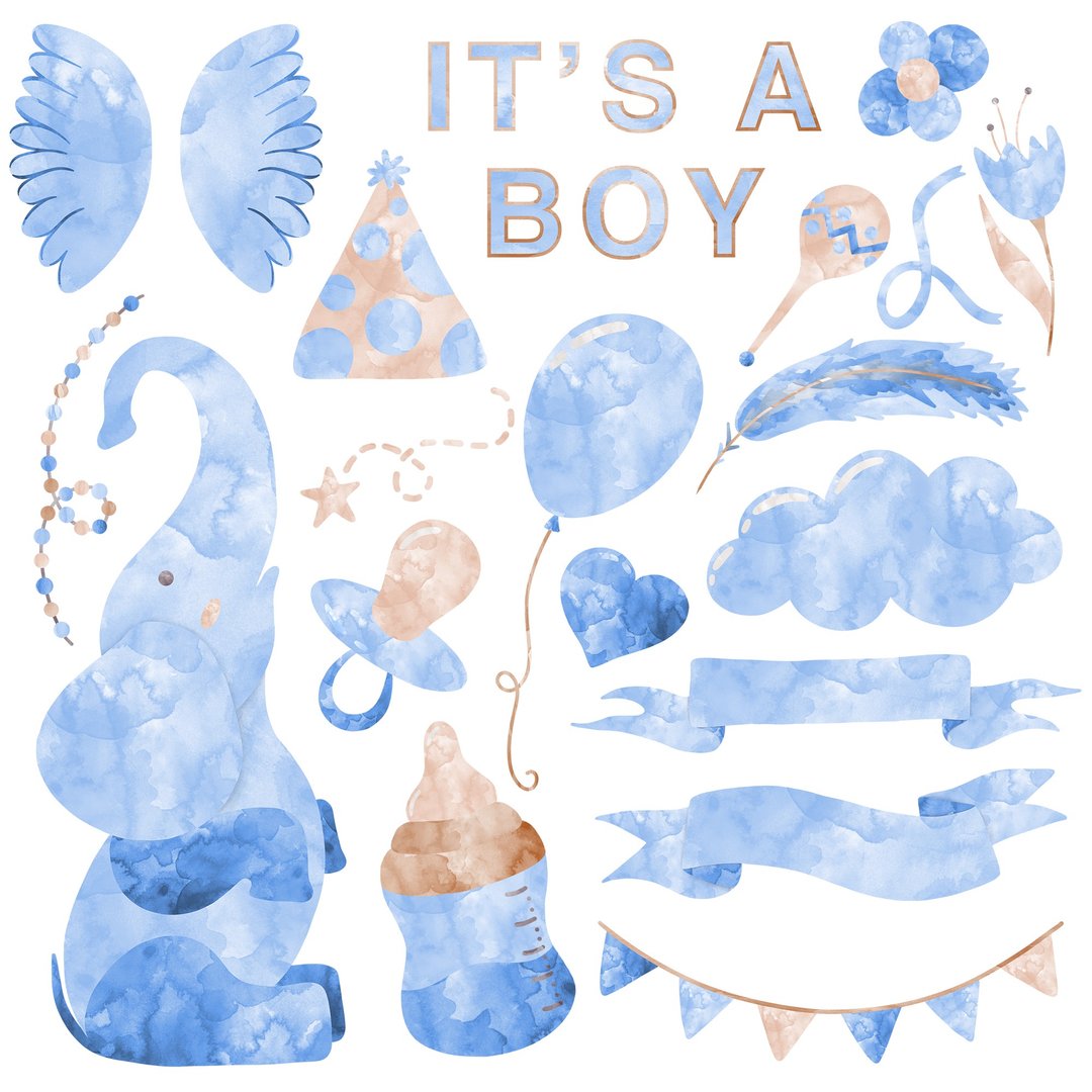 Baby boy birthday watercolor clipart png with transparent background - 婴儿饰品 - 纸 蓝色