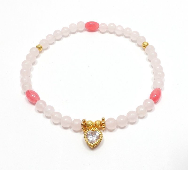 天然粉水晶 椭圆樱桃石 佐铜镀金心型锆石 手环 幸运石 - 手链/手环 - 宝石 
