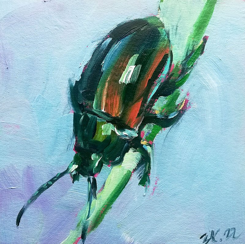 Beetle Painting Insect Original Art Wildlife Mini Wall Art - 海报/装饰画/版画 - 其他材质 多色