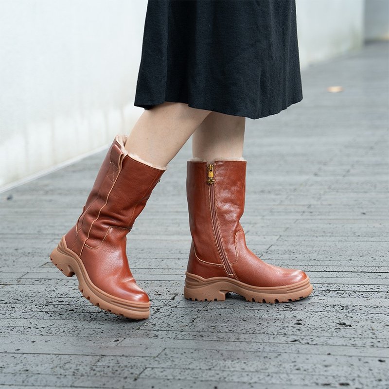 中筒靴毛里机车靴真皮女靴 - 女款短靴 - 真皮 黑色