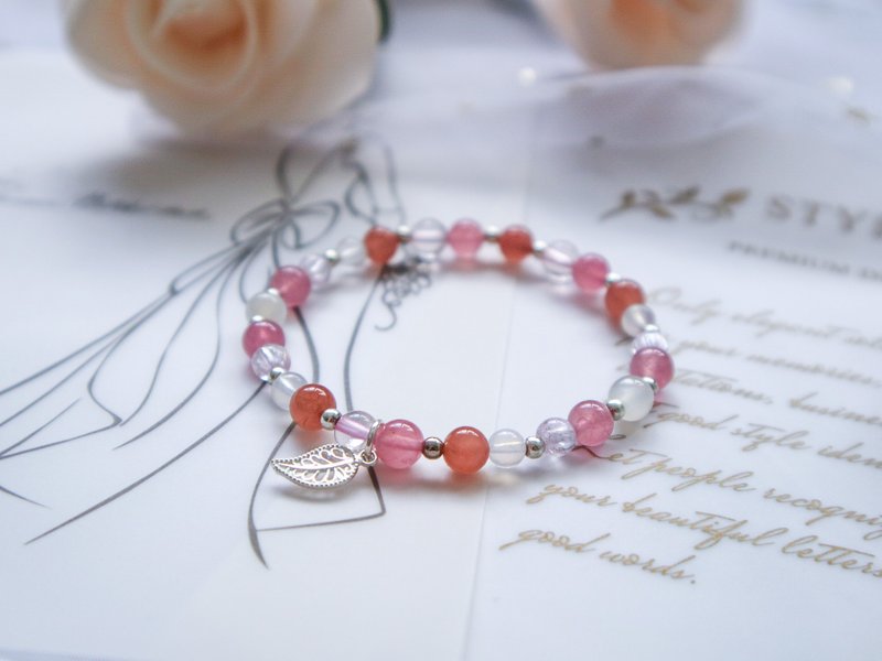 【绯樱】紫锂辉 月光石 红纹石 粉晶 925纯银手链 - 手链/手环 - 水晶 粉红色