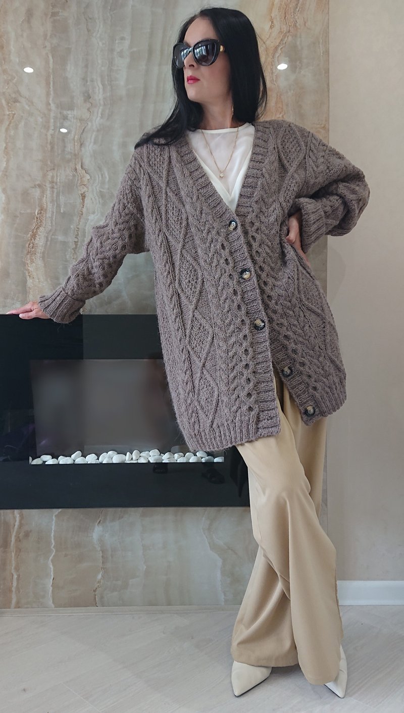 Alpaca wool sweater jacket Twist cardigan Long loose cardigan Hand knit coat - 女装针织衫/毛衣 - 羊毛 