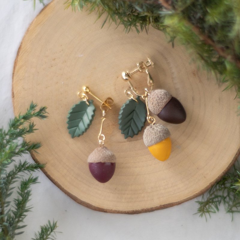 橡子 / 耳环・耳夹 - 耳环/耳夹 - 粘土 咖啡色