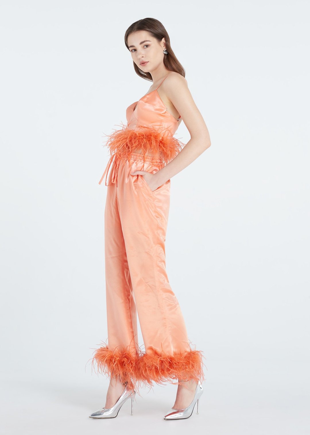 Monic  Orange feathers boas crop top and feathers boas pants for cocktail party - 居家服/睡衣 - 聚酯纤维 橘色