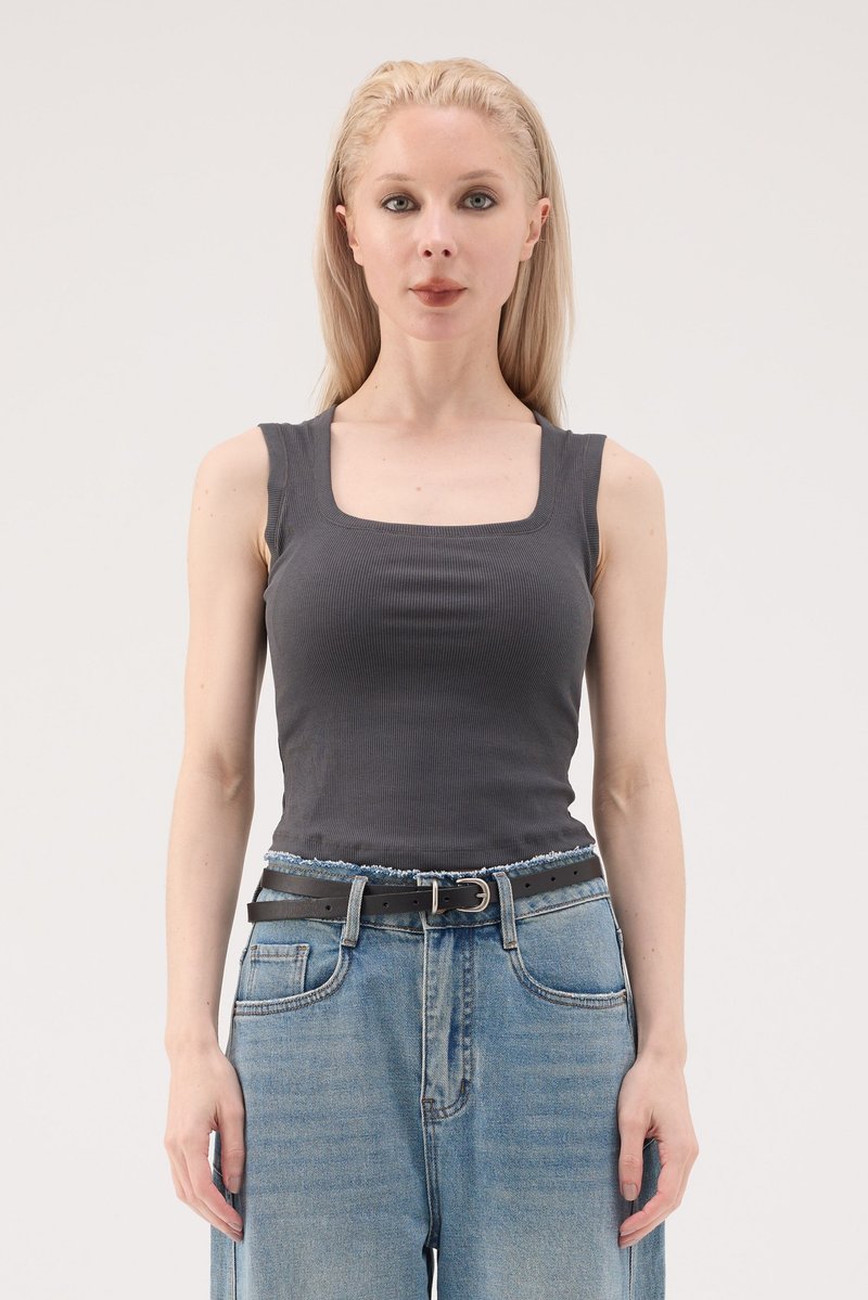 莱赛尔凉感方领包覆罗纹 Bra Top - 灰 - 女装背心 - 其他人造纤维 灰色