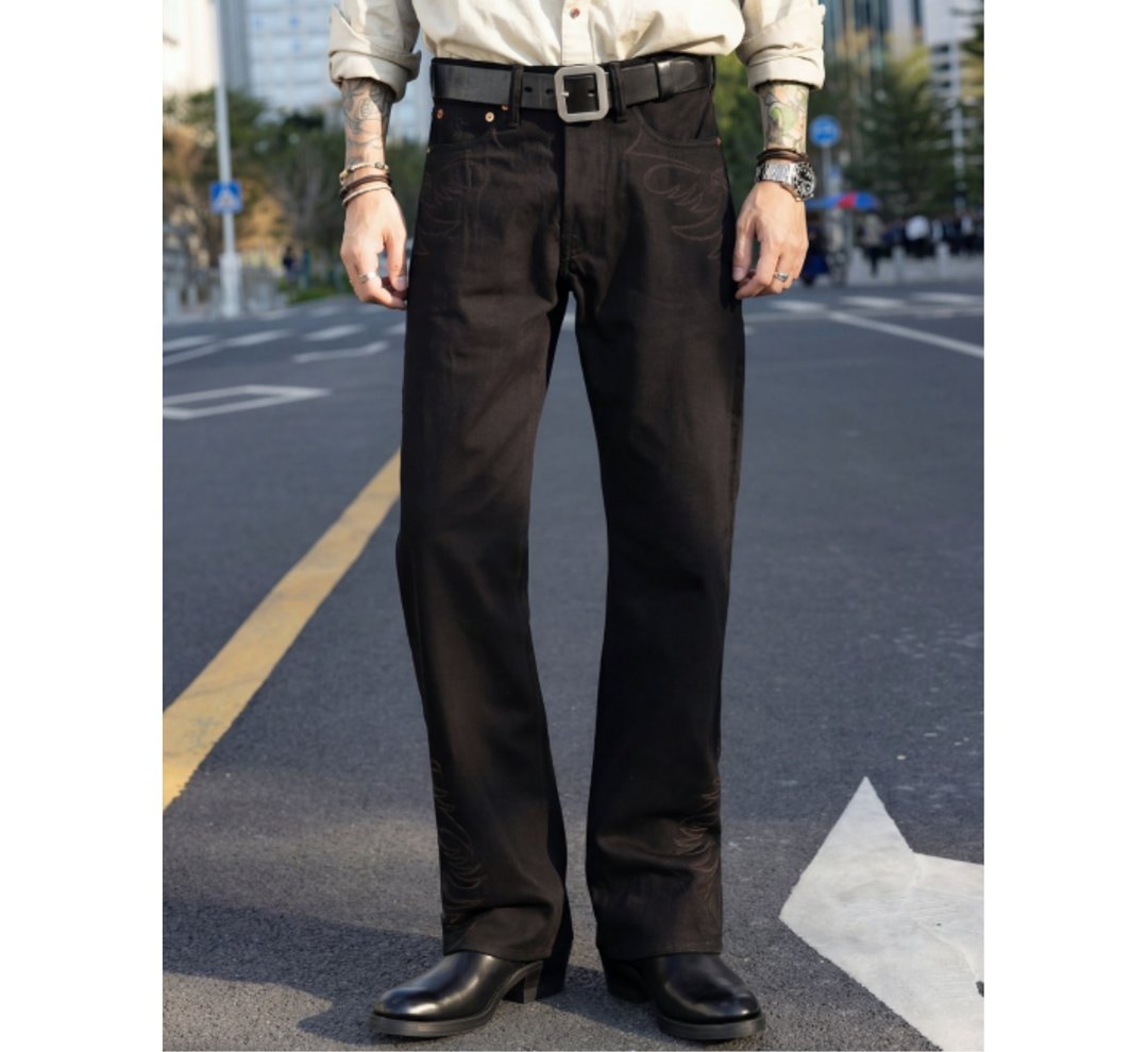 黑色牛仔裤 刺绣靴型裤 喇叭裤 14oz 双染黑色 BOOTCUT - 男士长裤 - 棉 黑色