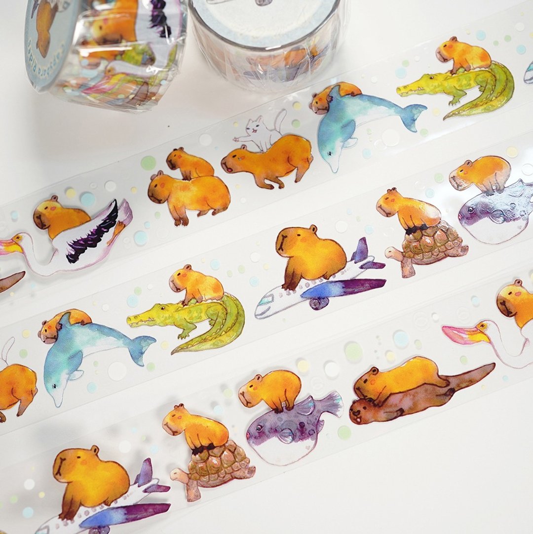 【水豚宝宝骑动物】卡皮巴拉 水彩 插画 PET胶带 带离型纸 手帐装 - 纸胶带 - 塑料 蓝色
