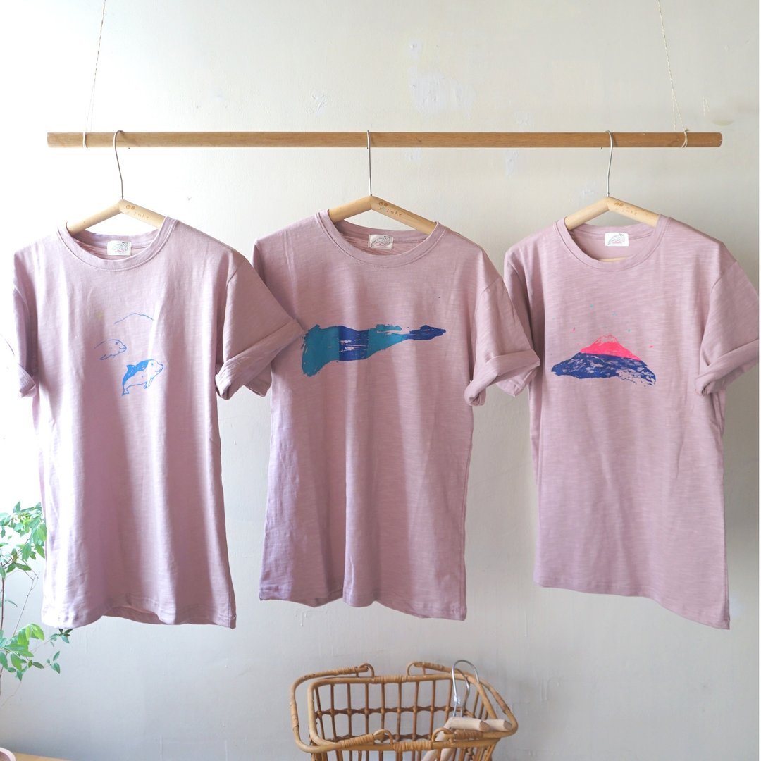 雾粉纯棉随性夏日手工印花短袖上衣 中性款 大海 / 浪 / 山 - 女装 T 恤 - 棉 粉红色