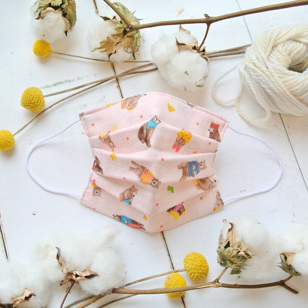 可洗涤、舒适且可爱的手工立体口罩 Knit Bear Pink 熊 纱布 环保 - 口罩 - 棉 粉红色