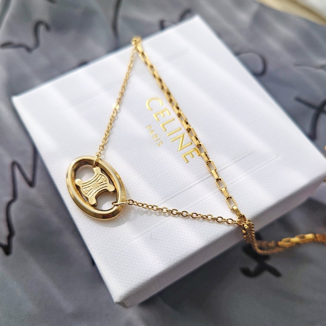 中古真品 CELINE 特别款双层金链凯旋门链条包挂件 手链颈链挂饰 - 项链 - 其他金属 金色