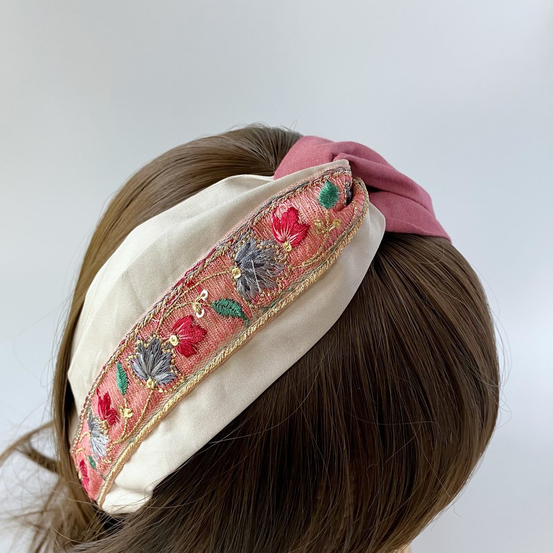日本刺绣缎带 金边蓝色红色花朵 桃色 奶茶色 日本布 交叉发带 - 发带/发箍 - 棉 卡其色