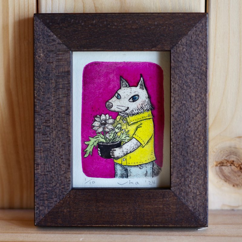 狼和杂色菊　蚀刻版画　带框的图片 - 海报/装饰画/版画 - 纸 蓝色