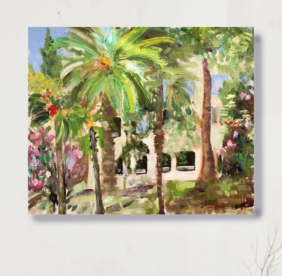 夏季景观绘画手 - 原始油画布表面/棕榈树这幅画在空气 - 空气绘 - 海报/装饰画/版画 - 棉 