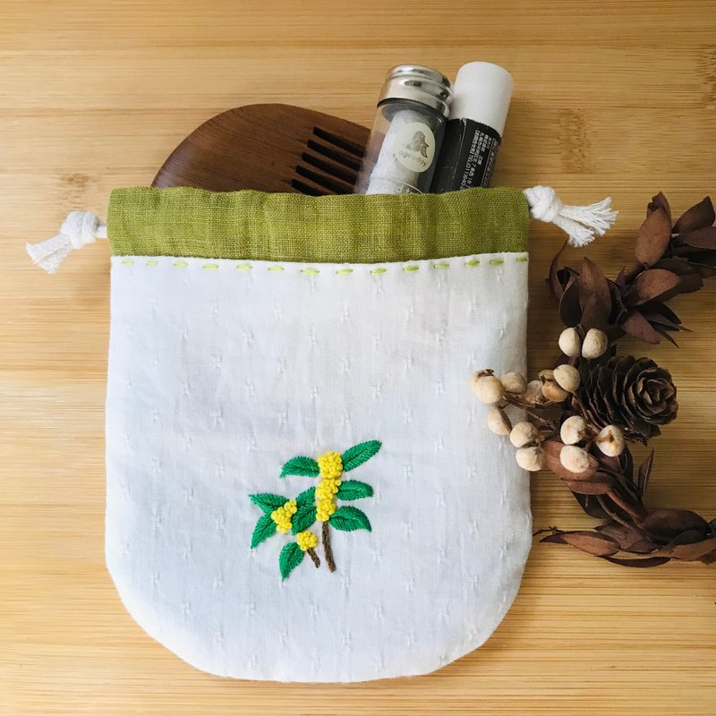 手工刺绣 桂花 白色提花棉 小束口袋 - 束口袋双肩包 - 棉．麻 白色