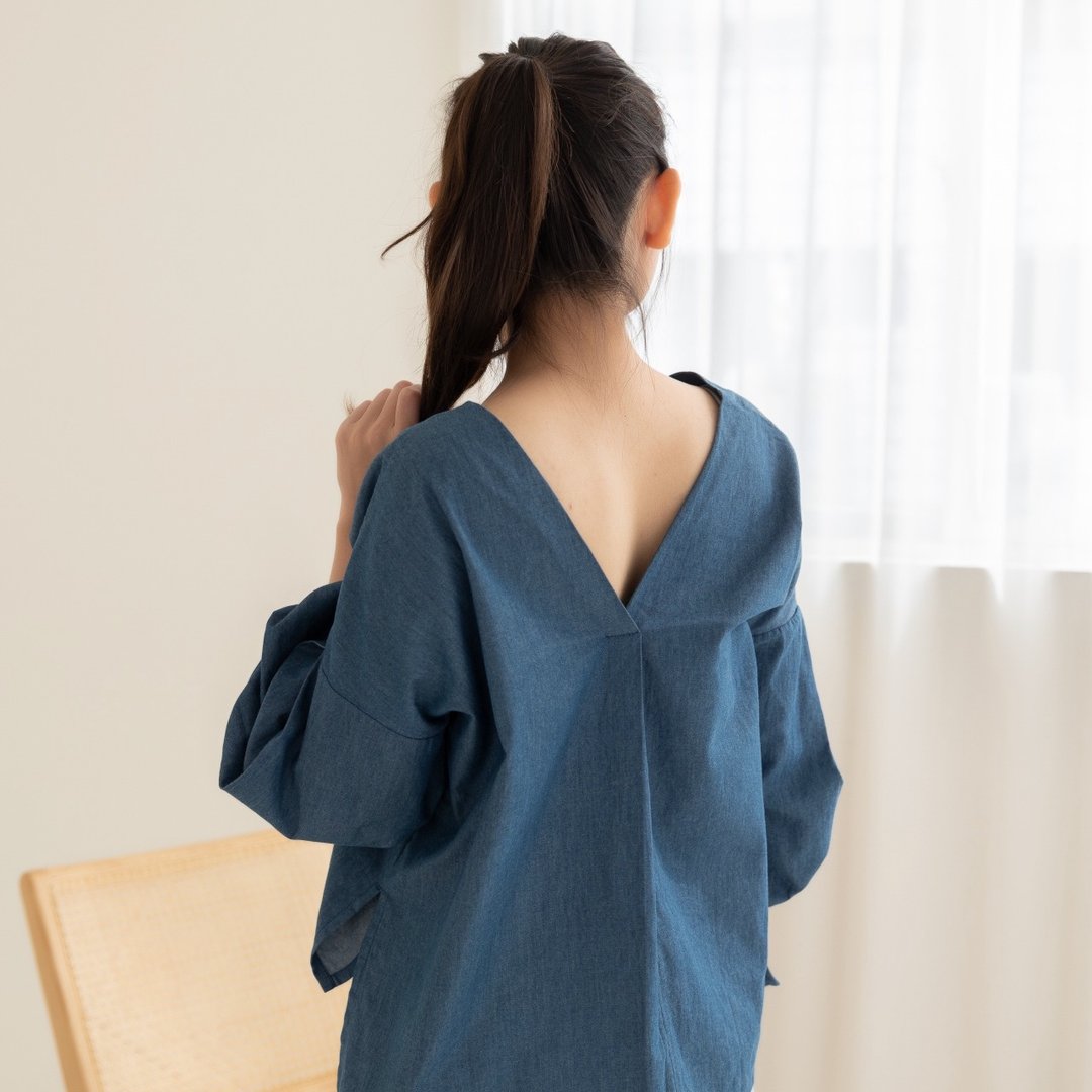 设计款 上衣 皮特小泡袖 七分袖 女装上衣 青蓝 台湾手作 - 女装上衣 - 棉 蓝色