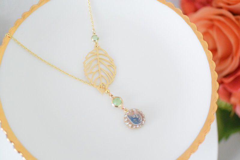 叶子和猫项链　金×绿色 - 项链 - 其他金属 金色