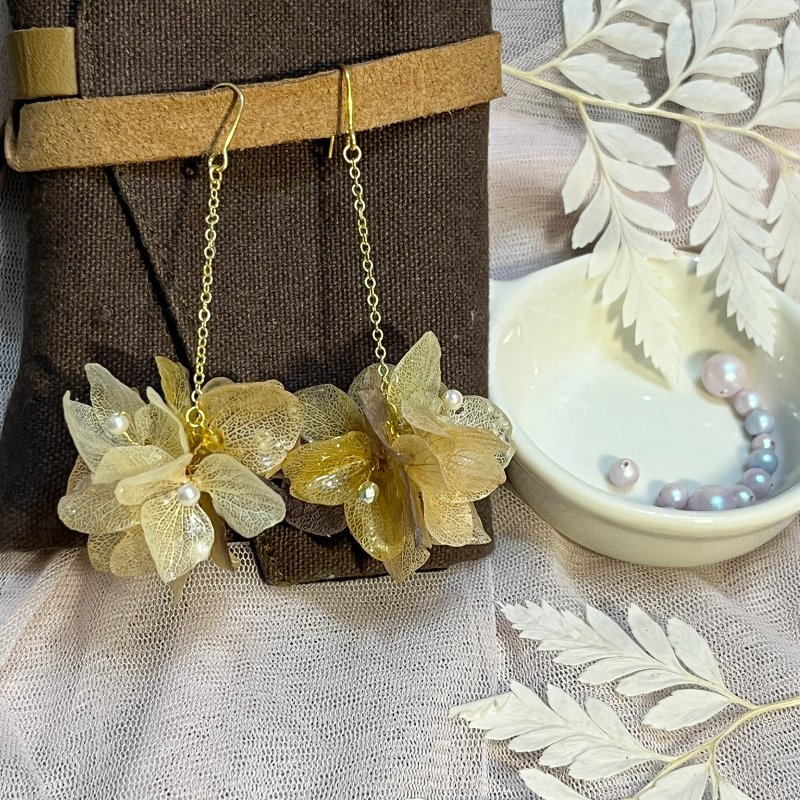 永生绣球花球 棕色渐层真花耳环 earring UV 树脂 - 耳环/耳夹 - 其他材质 