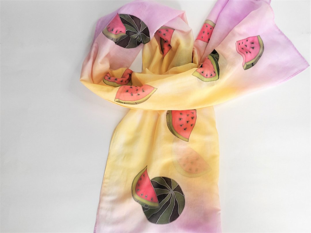 Hand painted scarf Cotton and silk scarf Big watermelon scarf pink and yellow - 丝巾 - 丝．绢 多色