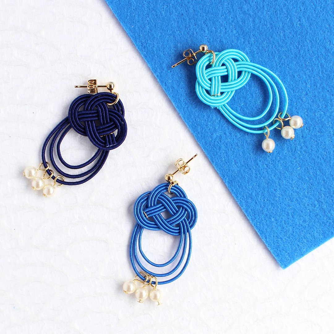 japanese style pierce earring / mizuhiki / japan / accessory / blue - 耳环/耳夹 - 丝．绢 蓝色