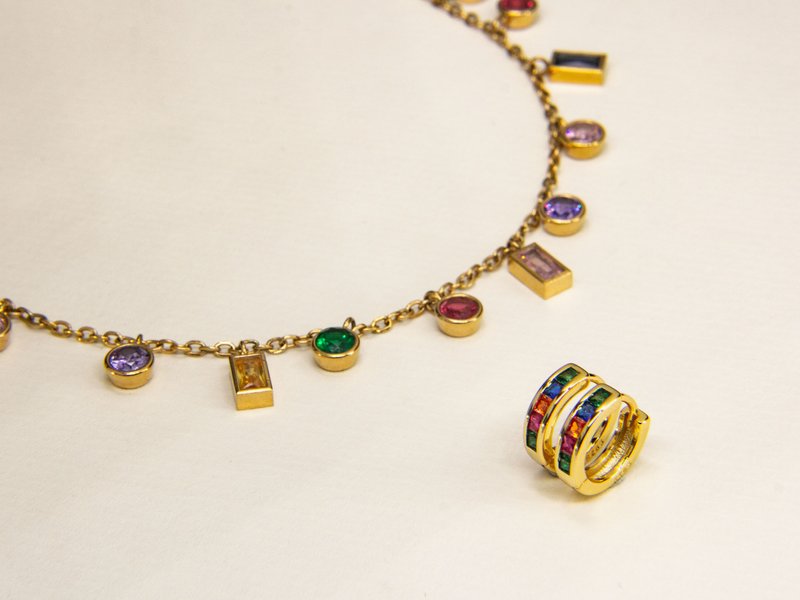 【珠宝组合】彩虹宝石项链&耳环 | 七彩晶石颈链&耳针 礼盒 - 项链 - 其他金属 