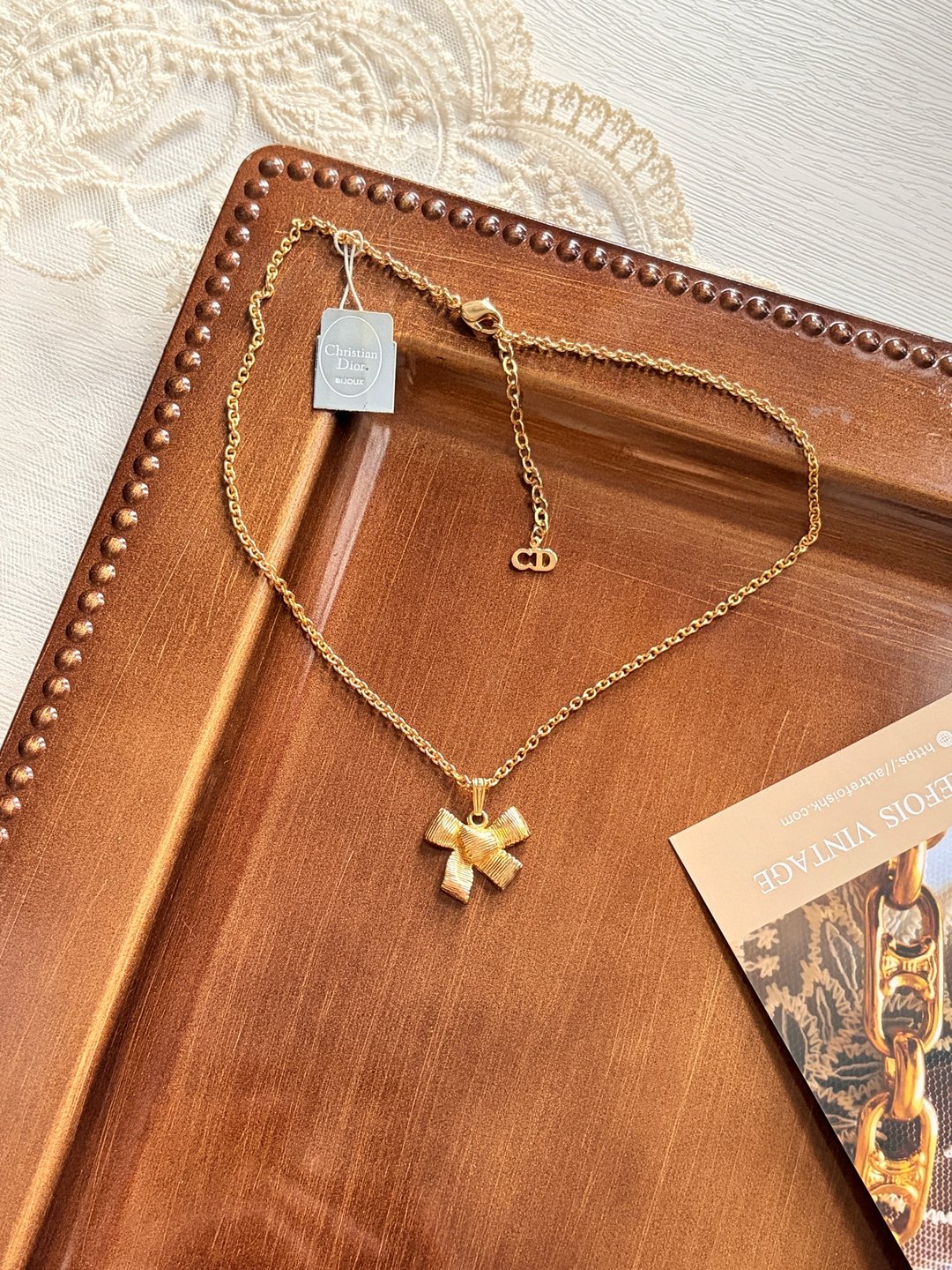Christian Dior 中古经典丝线雕刻蝴蝶结镀金项链 迪奥 礼物 - 项链 - 其他金属 金色