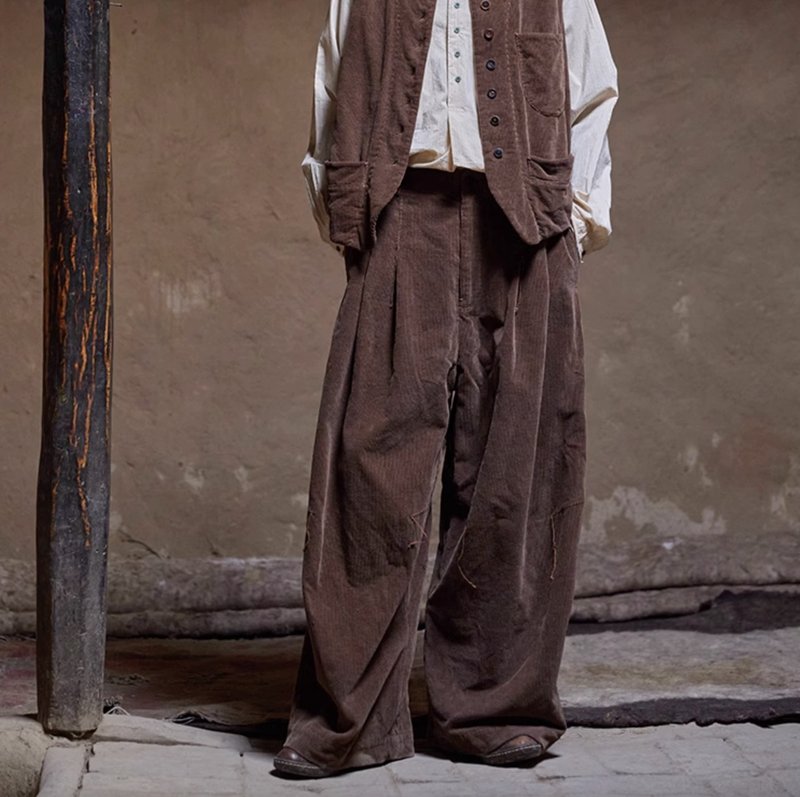 复古文青 灯芯绒裤子 舒适做旧休闲裤 - 女装长裤 - 其他材质 咖啡色