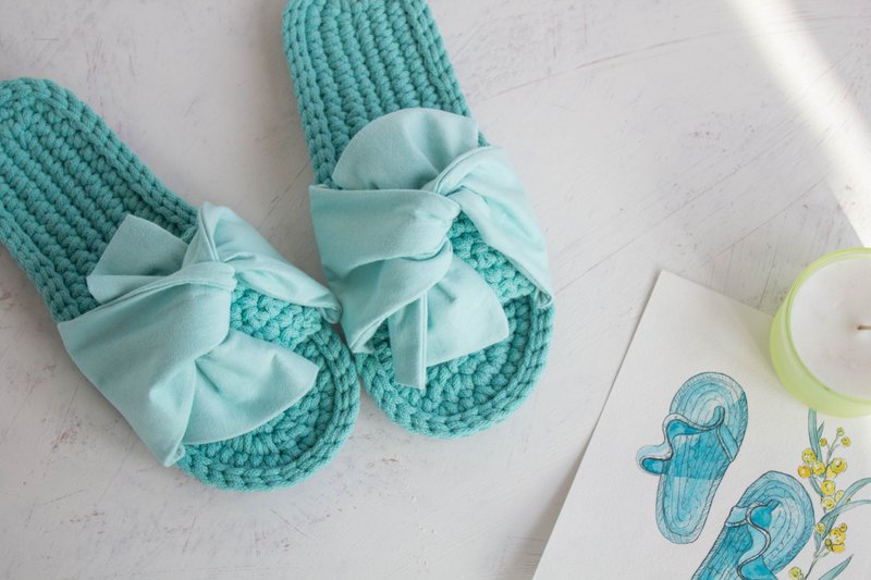Slippers for women with bow - house slippers - 拖鞋 - 棉．麻 绿色