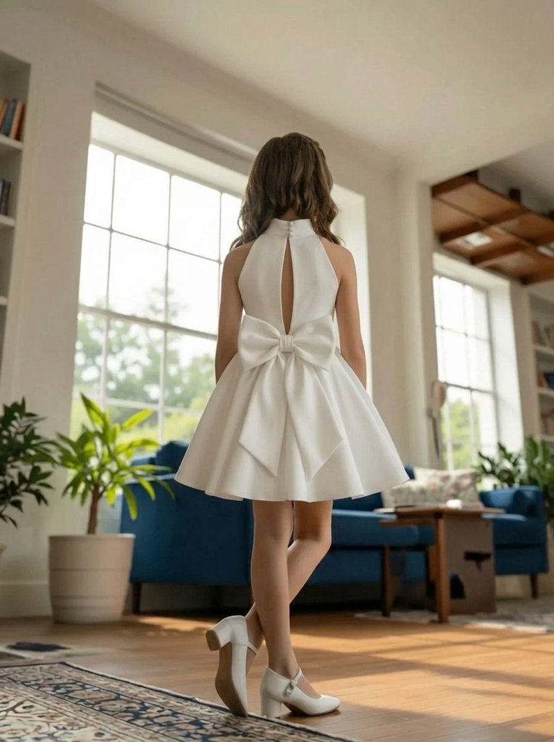 白色缎面女童礼服 挂脖领口开背设计与大蝴蝶结 婚礼生日定 - 童装礼服/连衣裙 - 其他材质 白色